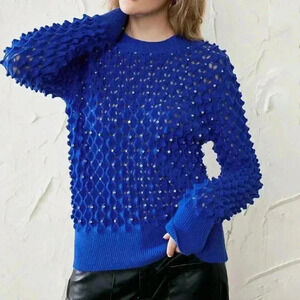 Blue Preppy Womens Solid Pointelle Knit Sweater